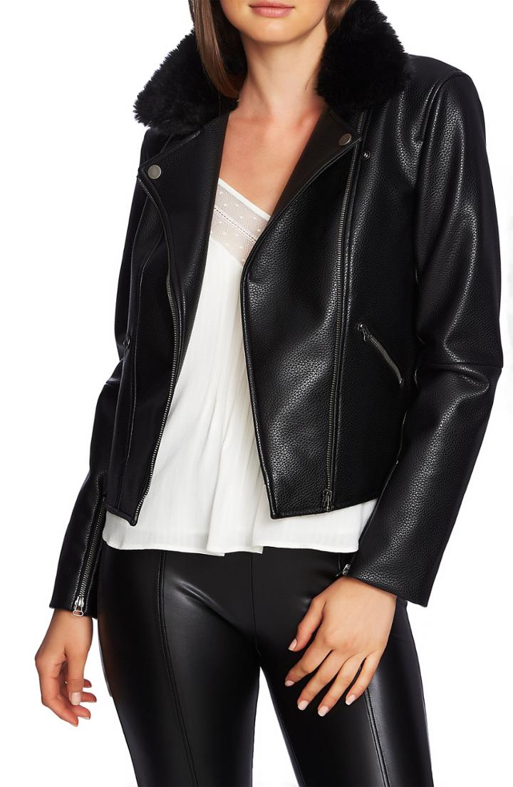 Women's 1.state Faux Fur Collar Moto Jacket - Black