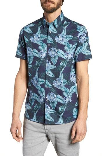 Men's Ted Baker London Folinor Slim Fit Floral Cotton Shirt - Blue