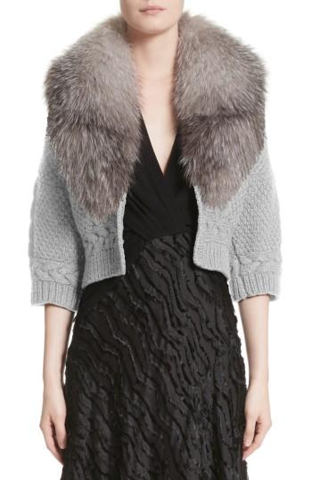 Women's Yigal Azrouel Merino Wool & Cashmere Knit Bolero With Removable Genuine Fox Fur Collar - Grey