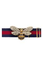 Women's Gucci Embellished Bee Clasp Web Stripe Belt - Blue