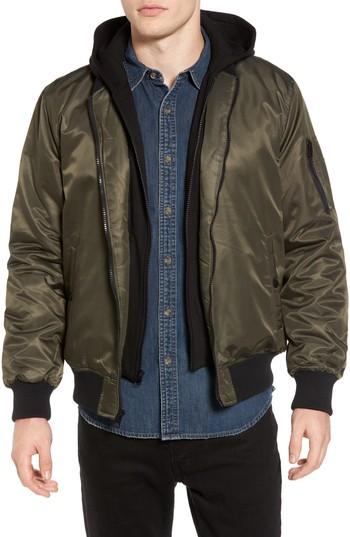 Men's Black Rivet Water Resistant Hooded Satin Flight Jacket - Black