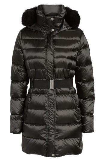 Women's Ugg Genuine Shearling Trim Belted Down Coat - Black