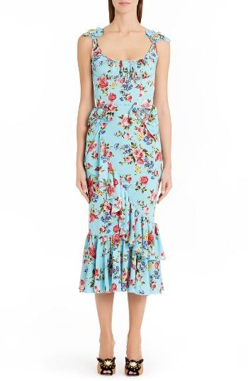 Women's Dolce & Gabbana Floral Stretch Silk Flounce Hem Dress