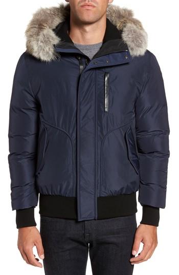 Men's Mackage 'florian' Down Bomber Jacket With Genuine Coyote Fur Trim - Blue