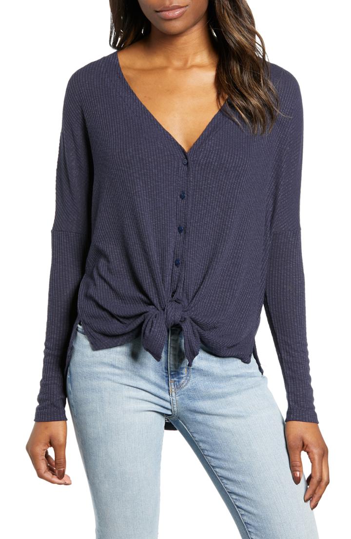 Women's Caslon Button Front Ribbed Knit Top Regular - Blue