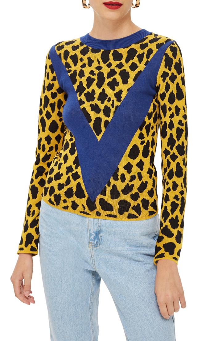 Women's Topshop Leopard Chevron Sweater Us (fits Like 0-2) - Yellow