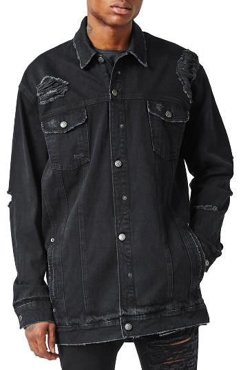 Men's Topman Aaa Collection Longline Distressed Denim Jacket - Black