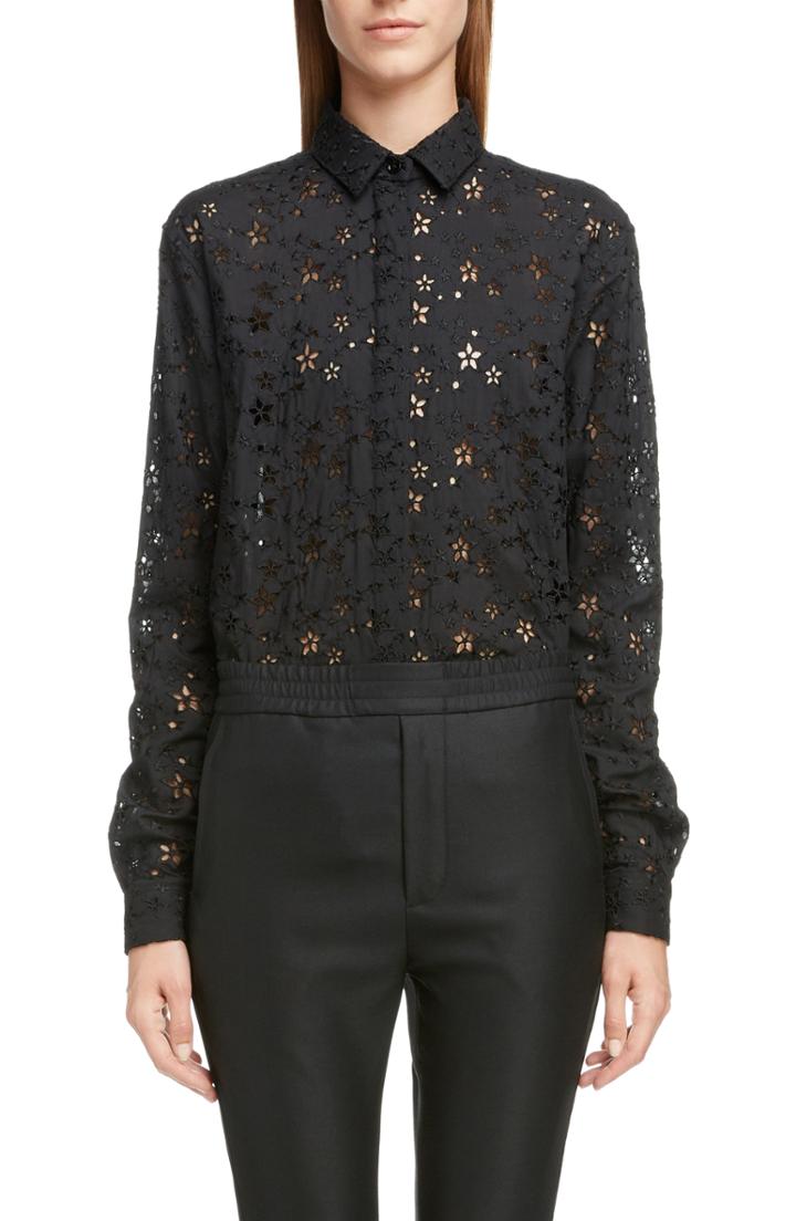 Women's Saint Laurent Eyelet Button-up Shirt Us / 34 Fr - Black