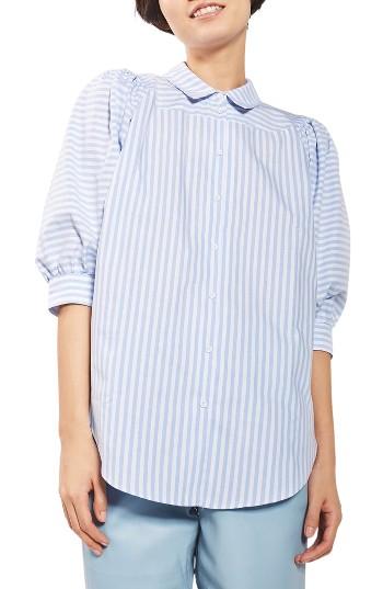 Women's Topshop Stripe Puff Sleeve Shirt Us (fits Like 0) - Blue