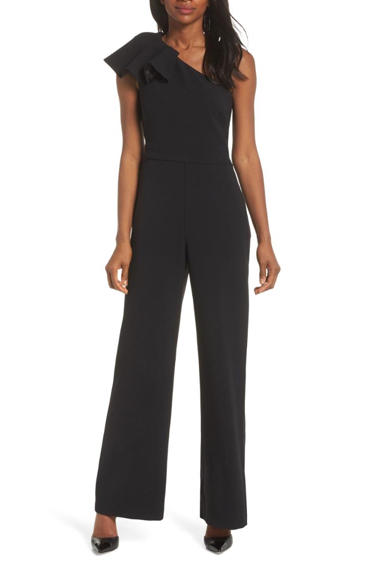 Women's Eliza J One-shoulder Ruffle Crepe Jumpsuit - Black