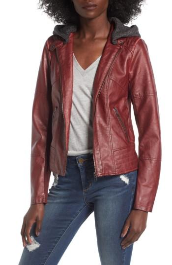 Women's Sebby Faux Leather Jacket With Detachable Jersey Hood - Red