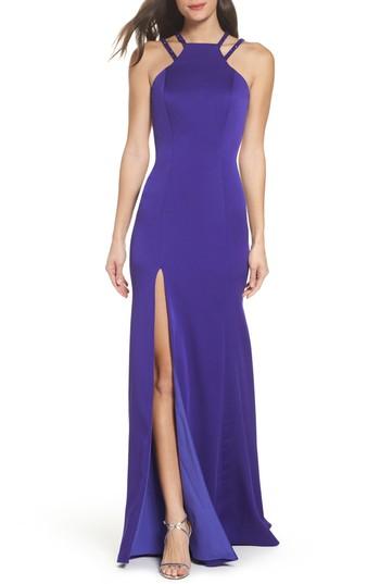 Women's La Femme Beaded Strap Satin Gown - Purple