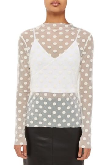 Women's Topshop Boutique Polka Dot Mesh Top Us (fits Like 0-2) - Ivory