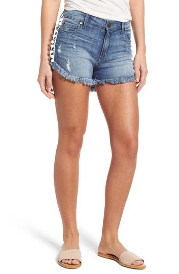 Women's Sts Blue Fray Hem Pompom Denim Shorts - Blue