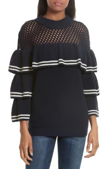 Women's Self-portrait Stripe Ruffle Wool & Cotton Sweater