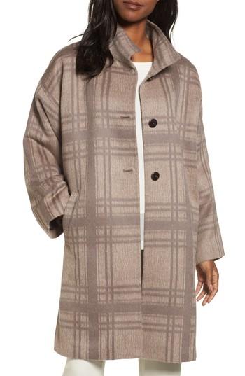 Women's Eileen Fisher Plaid Stand Collar Coat - Beige