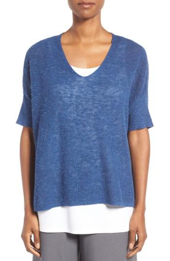 Women's Eileen Fisher Slubbed Organic Linen & Cotton Top, Size - Blue