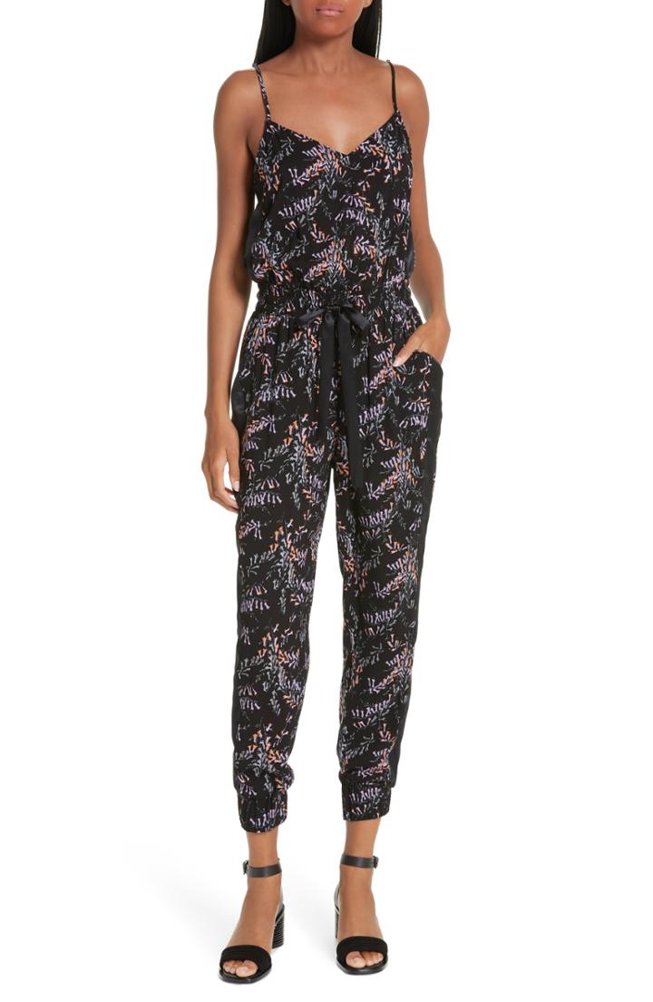 Women's Cinq A Sept Amia Snapdragon Print Silk Jumpsuit, Size - Black