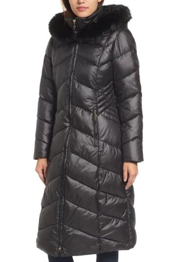 Women's Gallery Long Coat With Faux Fur Trim - Black