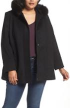 Women's Sachi Hooded Wool Blend Coat With Genuine Fox Fur Trim - Black