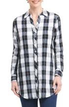 Women's Foxcroft Fay Crinkle Plaid Stretch Cotton Blend Tunic Shirt - Black