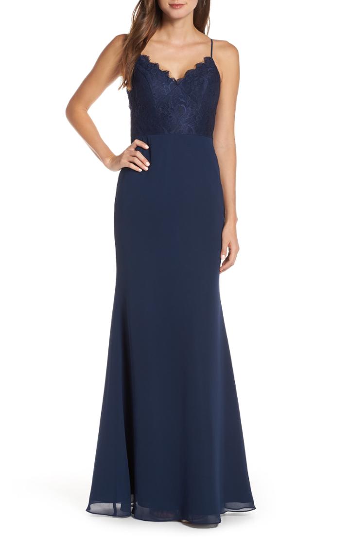 Women's Hayley Paige Occasions Sleeveless Rose Lace & Chiffon Evening Dress - Blue
