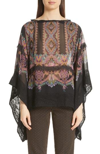 Women's Etro Lace Trim Paisley Print Poncho, Size - Black