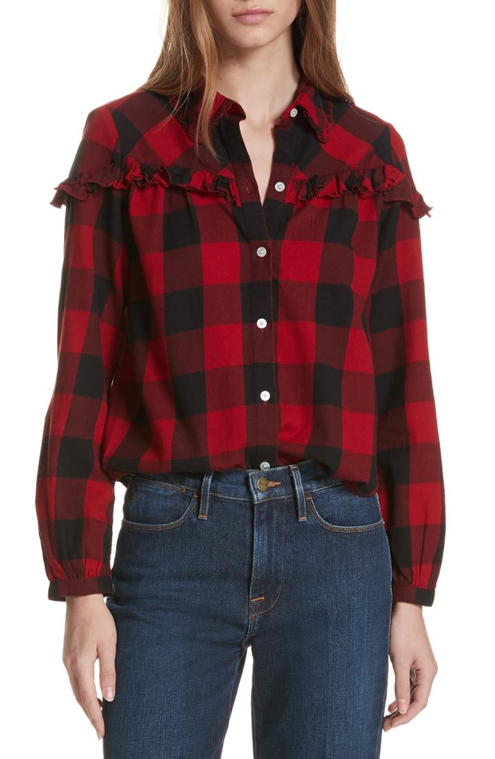 Women's Frame Ruffle Trim Buffalo Check Shirt