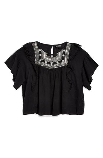 Women's Topshop Embroidered Bead Yoke Smocked Top Us (fits Like 2-4) - Black