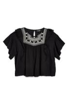 Women's Topshop Embroidered Bead Yoke Smocked Top Us (fits Like 2-4) - Black