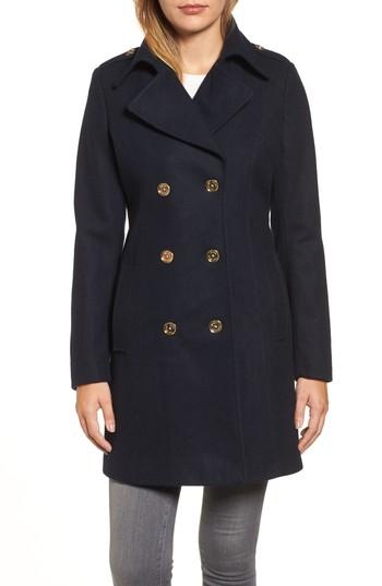 Women's Michael Michael Kors Double Breasted Wool Blend Peacoat - Blue