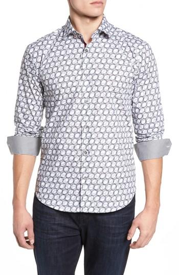 Men's Bugatchi Shaped Fit Optic Print Sport Shirt - White