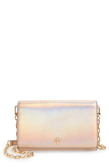 Women's Tory Burch Robinson Metallic Leather Wallet On A Chain - Pink