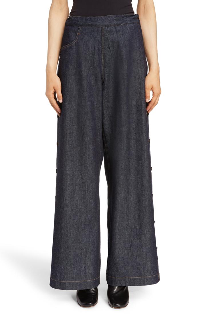 Women's Y's By Yohji Yamamoto Side Button Wide Leg Jeans - Blue