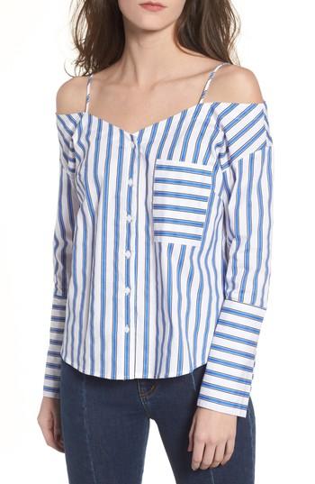 Women's Codexmode Stripe Cold Shoulder Button Top - Blue