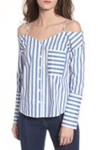 Women's Codexmode Stripe Cold Shoulder Button Top - Blue