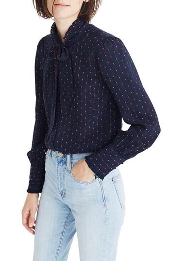 Women's Madewell Stripe Silk Tie Neck Ruffle Blouse - Blue