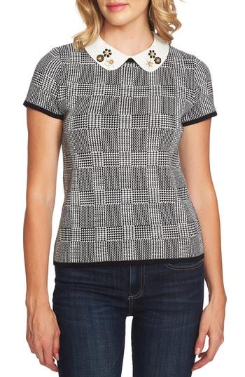 Women's Cece Embellished Collar Check Cotton Sweater - Black