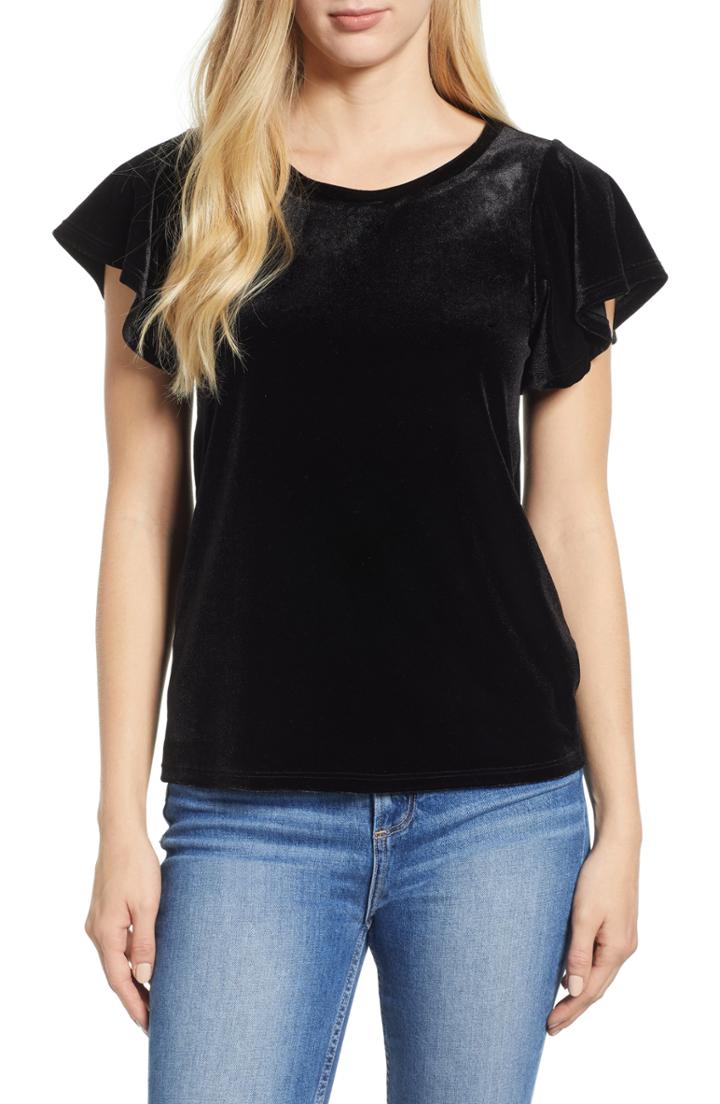 Women's Gibson X Glam Squad Velvet Flutter Sleeve Shirt - Black