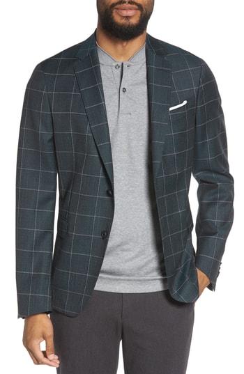 Men's Boss Nobis Trim Fit Windowpane Wool Sport Coat R - Green