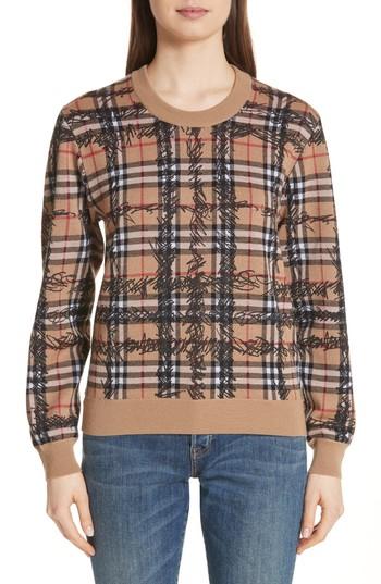 Women's Burberry Kern 48 Scribble Check Merino Wool Sweater - Brown