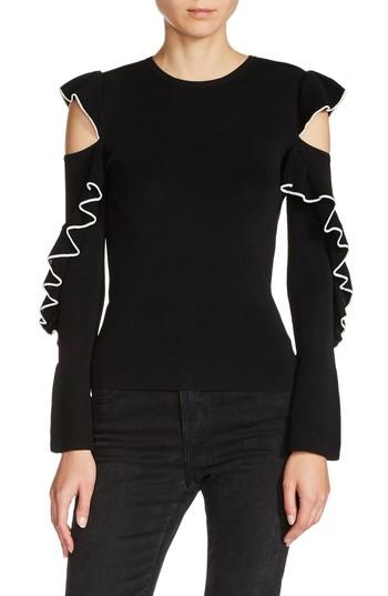 Women's Maje Tipped Ruffle Sleeve Sweater - Black