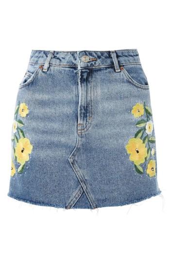 Women's Topshop Floral Stud Denim Miniskirt Us (fits Like 0-2) - Blue
