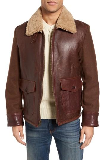 Men's Schott Nyc Mixed Media Flight Jacket With Genuine Shearling Collar & Lining, Size - Brown