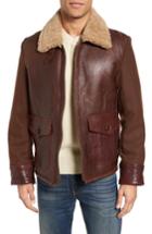Men's Schott Nyc Mixed Media Flight Jacket With Genuine Shearling Collar & Lining, Size - Brown