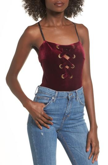 Women's Lace Up Velvet Bodysuit - Red