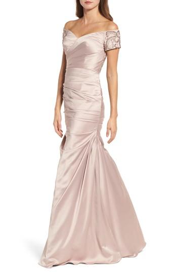 Women's La Femme Beaded Back Off The Shoulder Gown - Beige
