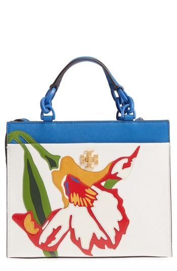 Tory Burch Kira Iris Applique Small Leather Tote - White