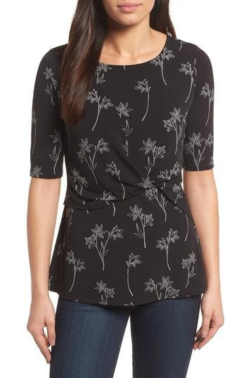 Women's Chaus Floral Outlines Side Knot Top - Black