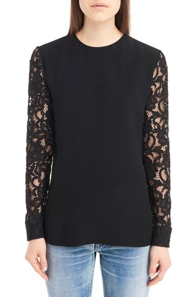 Women's Saint Laurent Lace Sleeve Crepe Blouse